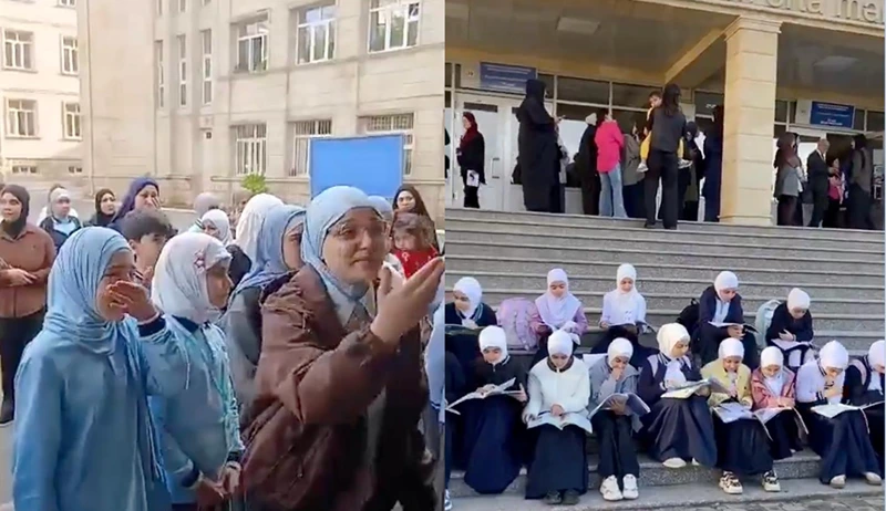 מימין: תלמידות עם חיג'אב לומדות מחוץ לכותלי בית הספר, משמאל: תלמידות ומורות מוחות בכניסה לבית הספר לאחר שלא הורשו להיכנס