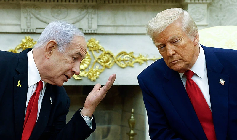 נשיא ארה"ב, דונלד טראמפ, וראש הממשלה, בנימין נתניהו, במהלך ביקורו של נתניהו בוושינגטון, 7 באפריל 2025