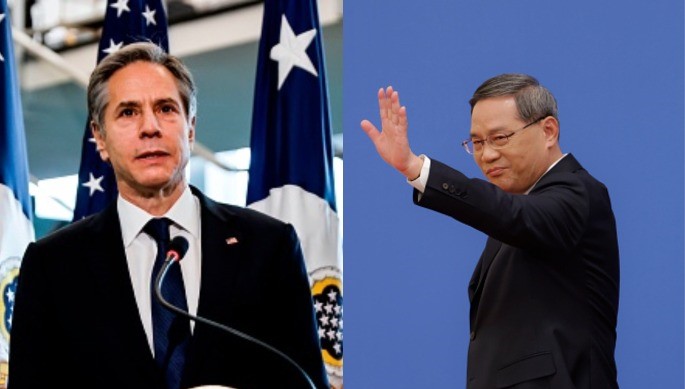 ראש ממשלת סין לי-צ'יאנג ומזכיר המדינה האמריקני אנתוני בלינקן | צילום: CARLOS BARRIA/POOL/AFP, Lintao Zhang / Getty Images 